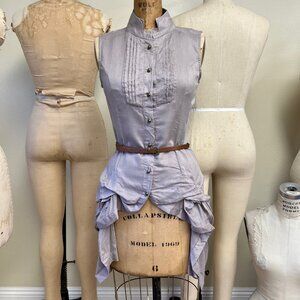 NWT Belted High Collar Pleated Front Cowgirl Bustle High Low Shirt Top